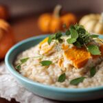 Risotto cremoso senza burro, impiattato con guarnizione verde e cucchiaio di legno accanto.