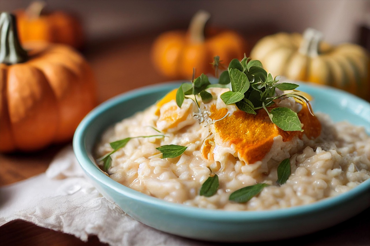 Risotto cremoso senza burro, impiattato con guarnizione verde e cucchiaio di legno accanto.