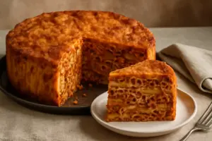 Timballo di pasta rustico: il dettaglio nella stratificazione che regala fetta compatta ma morbida